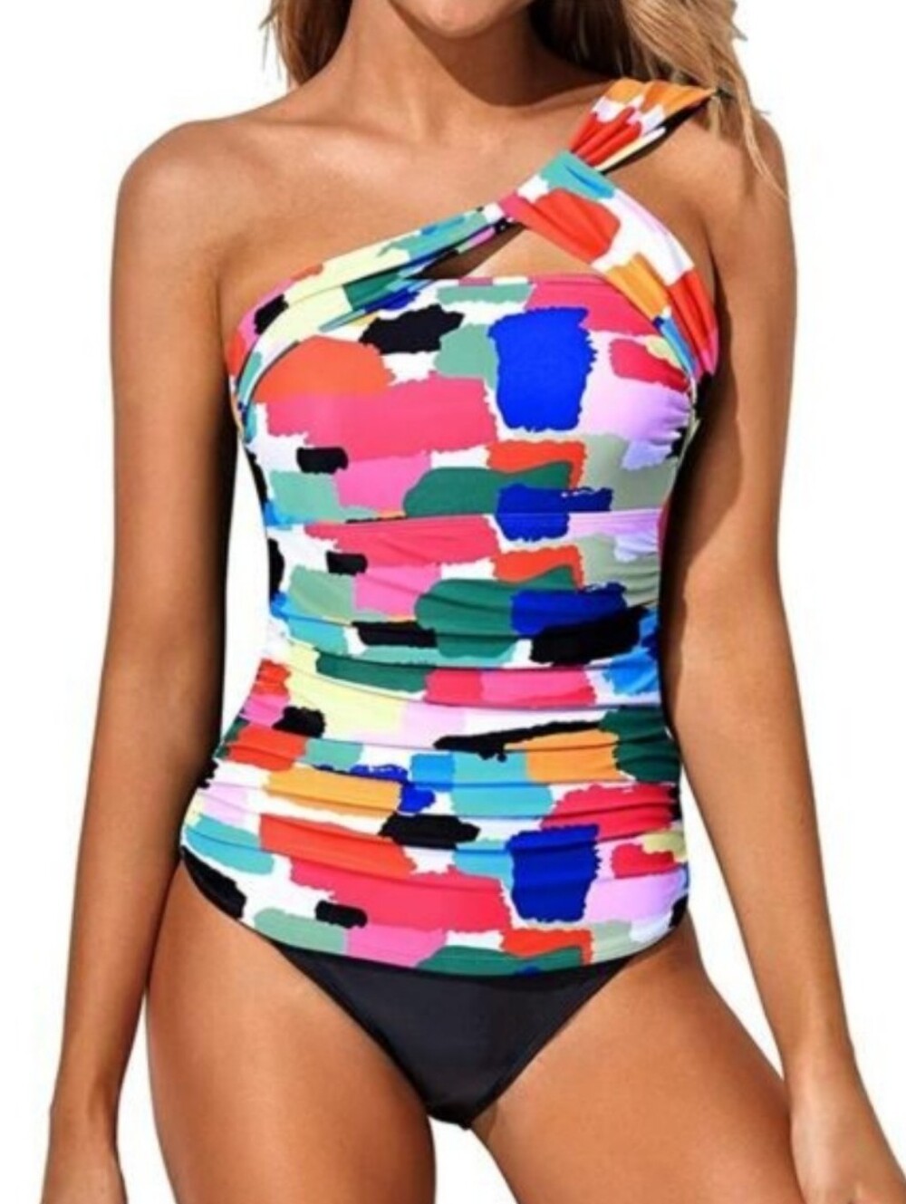 Women’s Multicolor Abstract Print One Shoulder Tankini Swim Top